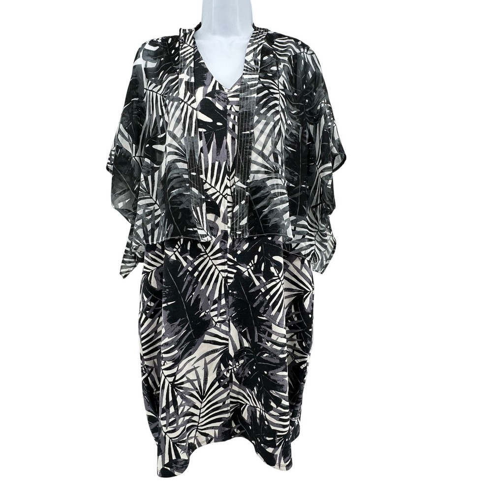 MarlaWynne Balloon Dress Kimono Womens PM Black White Tropical Palm Leaf Chic